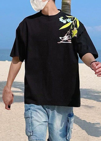 New Black Embroideried Solid Cotton Men T Shirt Summer LK040