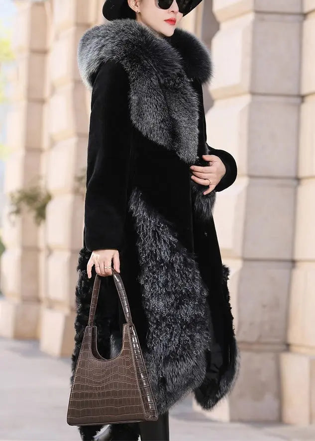 New Black Fox Collar Pockets Patchwork Leather And Fur Coats Winter Ada Fashion