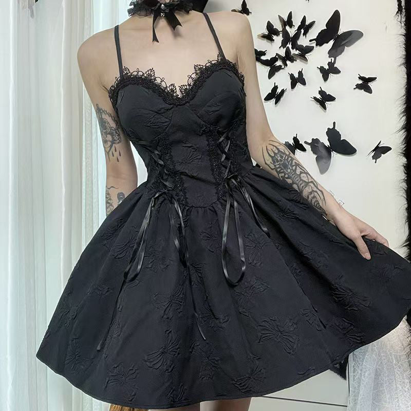 Neues ärmelloses Midikleid aus schwarzer Spitze mit hoher Taille und Patchwork-Muster aus Baumwolle YT031
