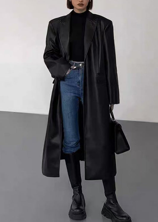 New Black Notched Button Faux Leather Long Coats Winter WL013