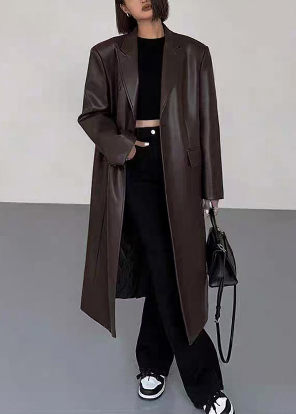 New Black Notched Button Faux Leather Long Coats Winter WL013