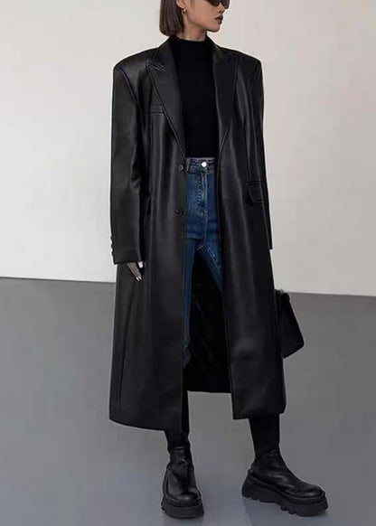 New Black Notched Button Faux Leather Long Coats Winter WL013