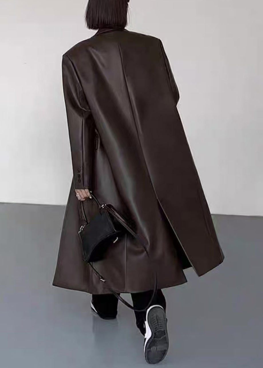 New Black Notched Button Faux Leather Long Coats Winter ER020