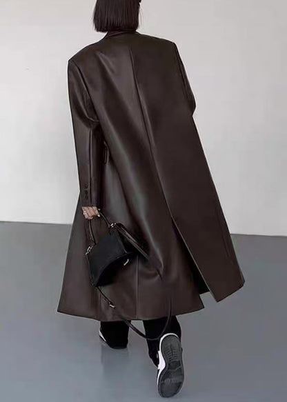 New Black Notched Button Faux Leather Long Coats Winter WL013