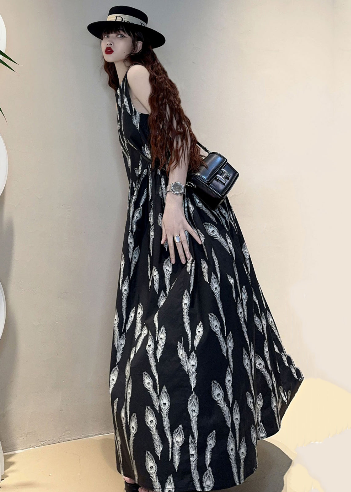 New Black O Neck Print Pockets Cotton Maxi Dresses Sleeveless KK059