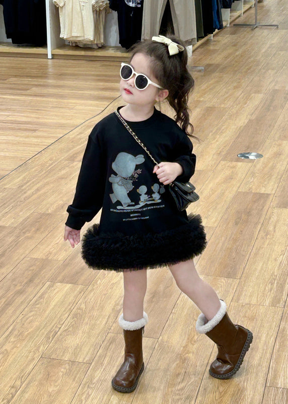 New Black O-Neck Tulle Patchwork Tulle Girls Mid Dress Spring TG005