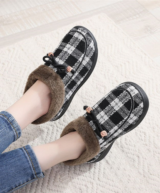 New Black Plaid Women Splicing Flats Fuzzy Wool Lined TQ064