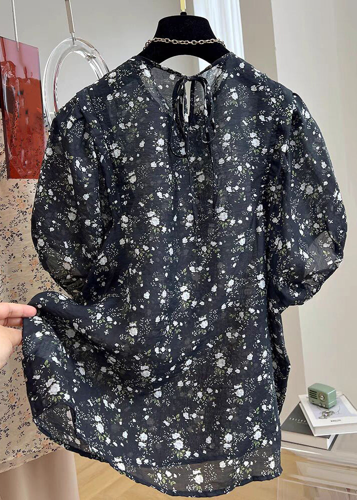 Summer New Button Print Shirt Black Cotton