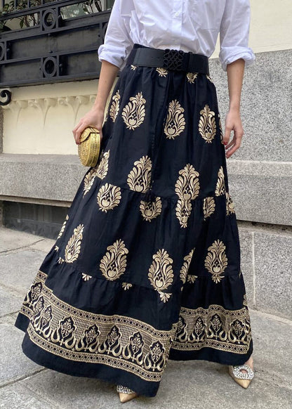 New Black Print High Waist Cotton Maxi Skirts Fall BB069