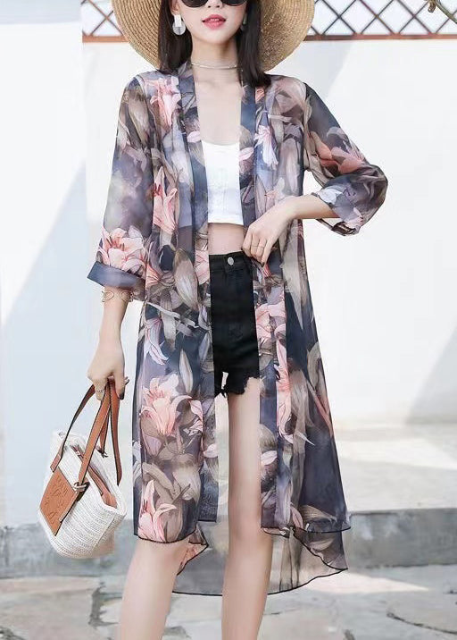 New Black Print Low High Design Chiffon Cardigans Bracelet Sleeve Ada Fashion