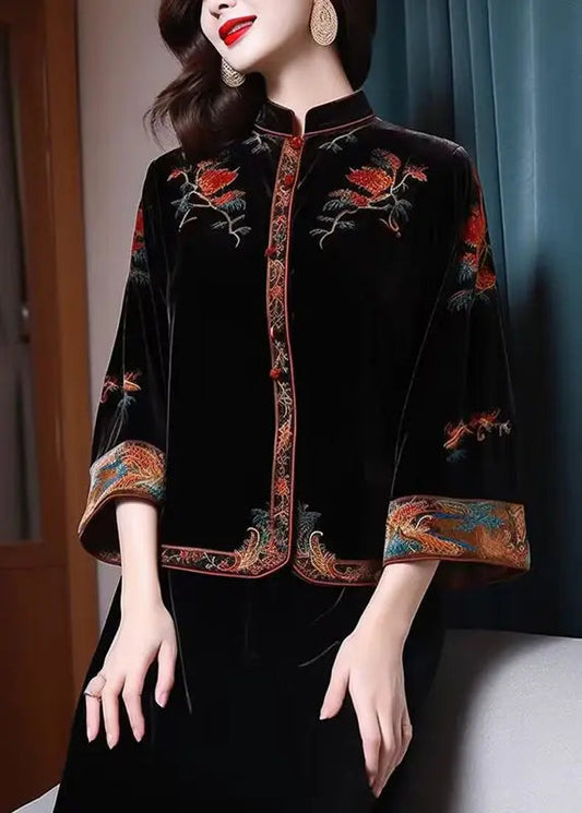 New Black Stand Collar Embroidered Patchwork Silk Velour Top Fall Ada Fashion