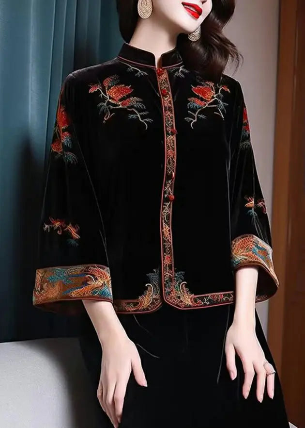 New Black Stand Collar Embroidered Patchwork Silk Velour Top Fall Ada Fashion