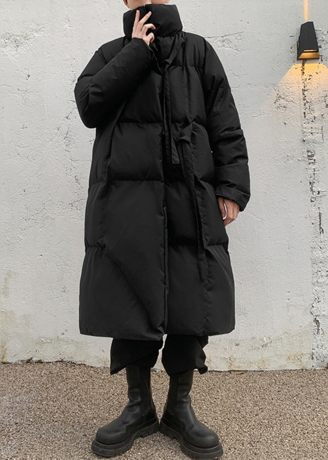 Neu Schwarz Stehkragen Lace Up Männer Lange Parkas Winter RM001