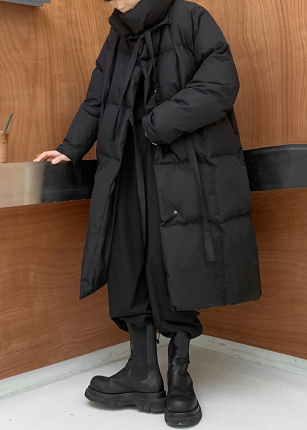 Neu Schwarz Stehkragen Lace Up Männer Lange Parkas Winter RM001