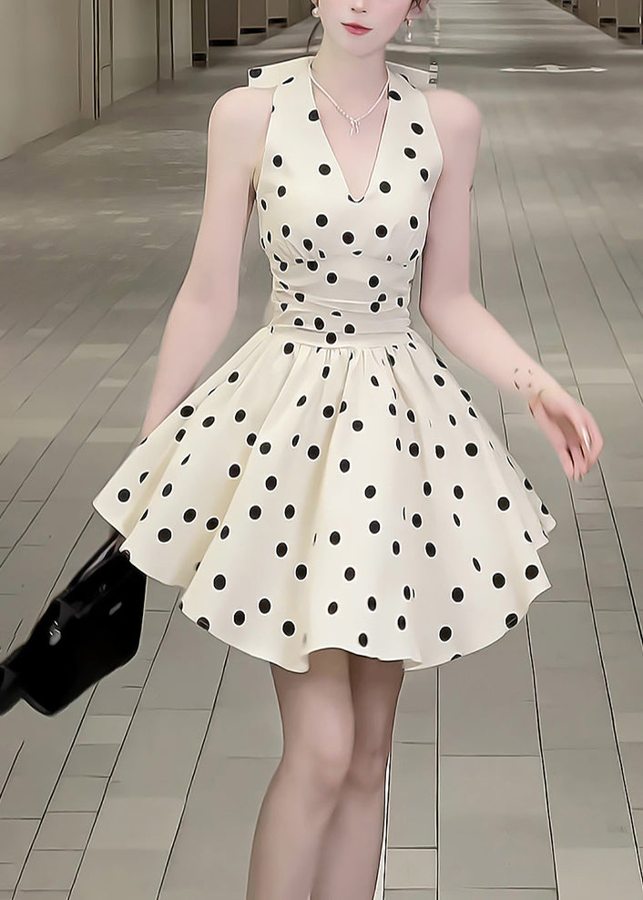 Neck Cotton Mid Dress Bow New Black Dot V Sleeveless