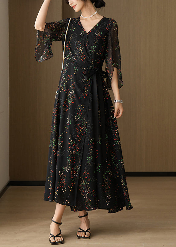 V Black New Chiffon Neck Sleeve Bracelet Dresses Print Long