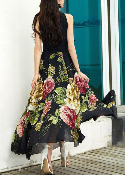 New Black V Neck Print Chiffon Long Dresses Sleeveless Ada Fashion