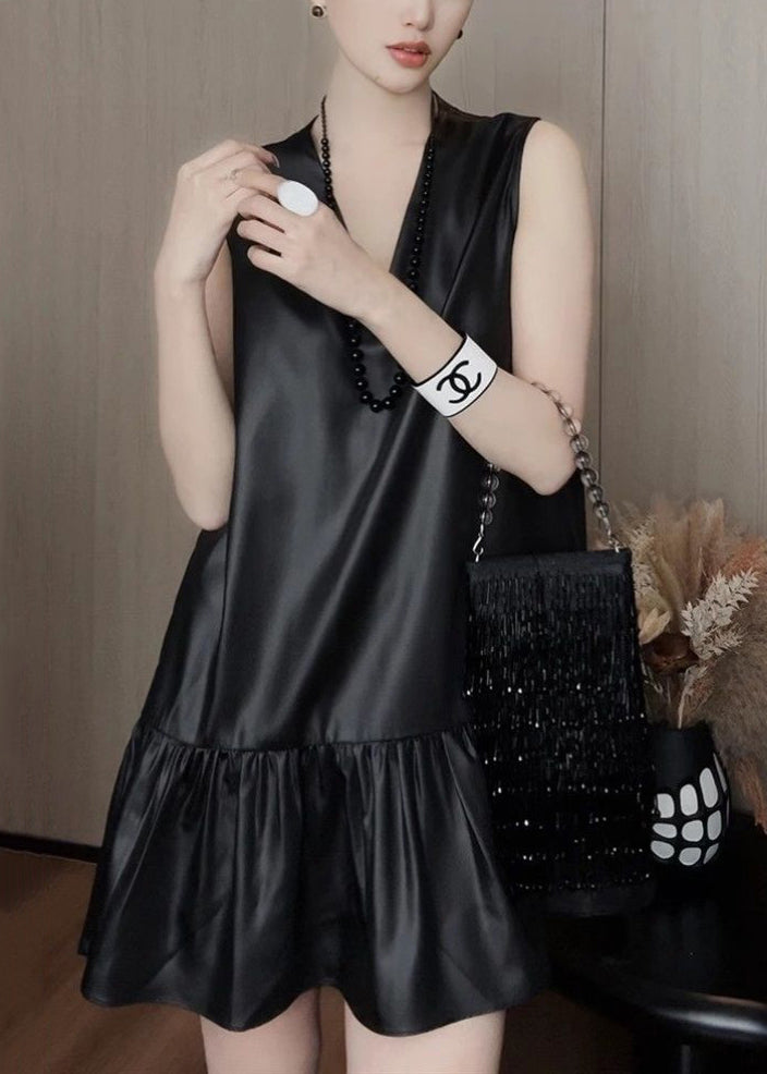 New Black V Neck Solid Silk Mid Dress Sleeveless QT028