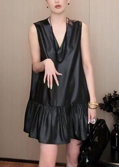 New Black V Neck Solid Silk Mid Dress Sleeveless QT028