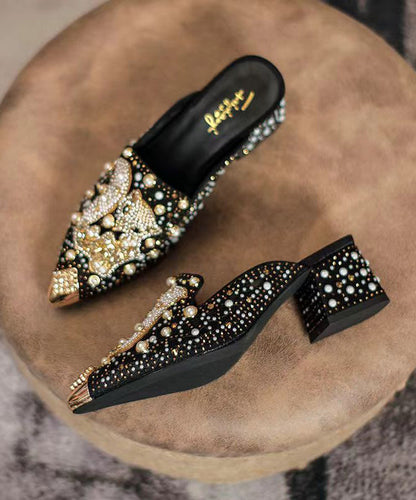 New Black Zircon Chunky Heel Pointed Toe Slide Sandals CZ1060