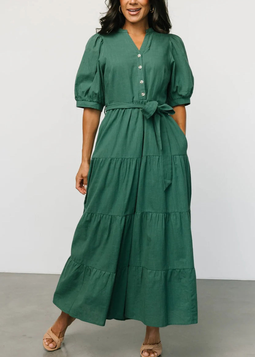 New Blackish Green Tie Waist Solid Cotton Dress Short Sleeve AU1003