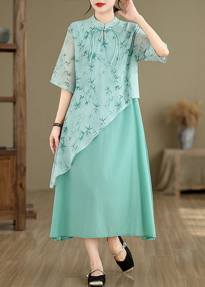 New Blue Asymmetrical Print Cotton Long Dresses Half Sleeve JH049