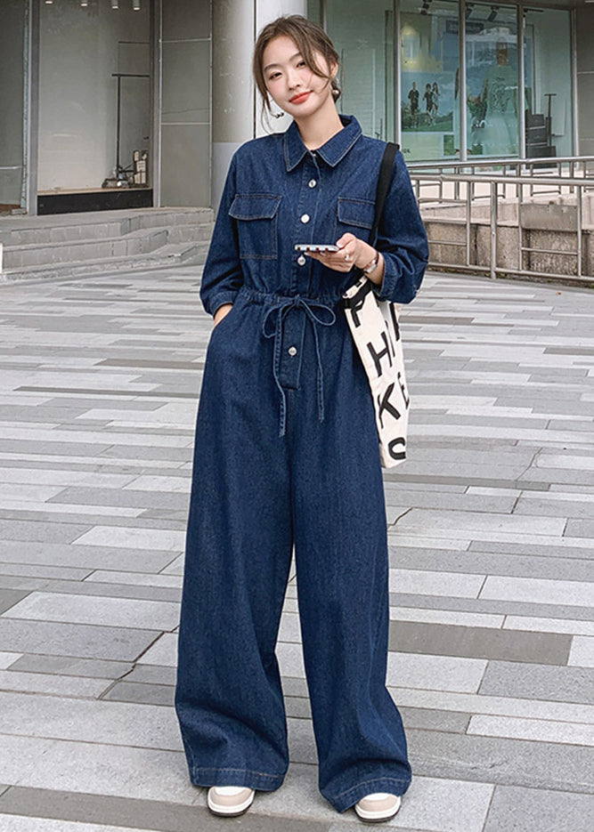 Neuer blauer Denim-Overall mit Knopfleiste und Taschen, lange Ärmel, MN046