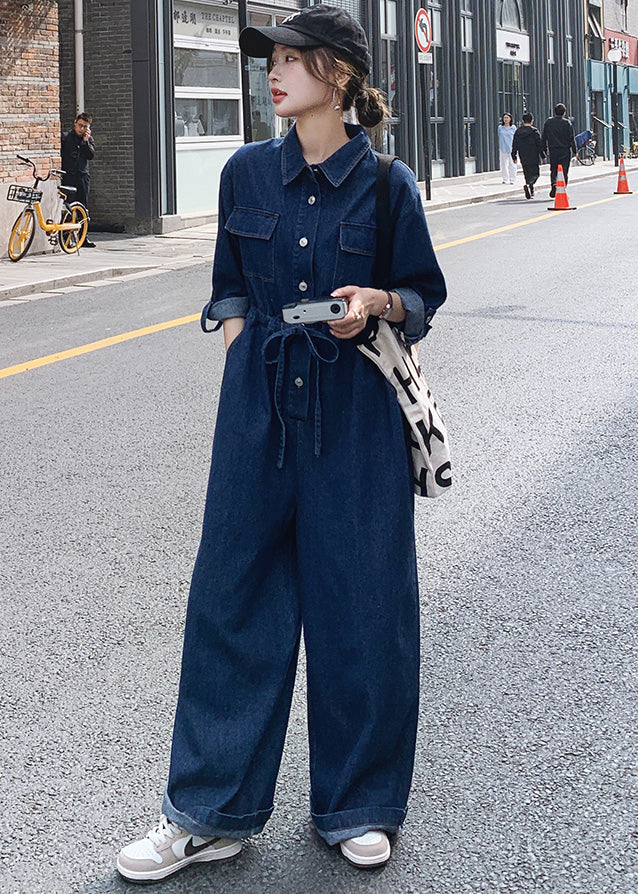 Neuer blauer Denim-Overall mit Knopfleiste und Taschen, lange Ärmel, MN046