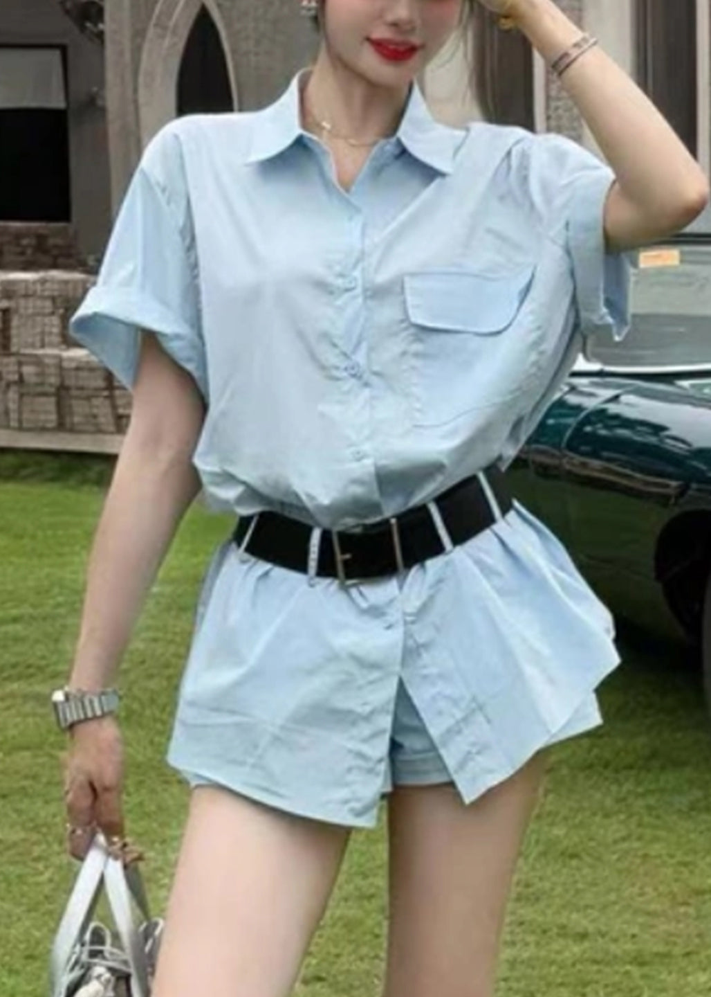 Two Piece New And Blue Summer Shorts Set Cotton Button Shirts