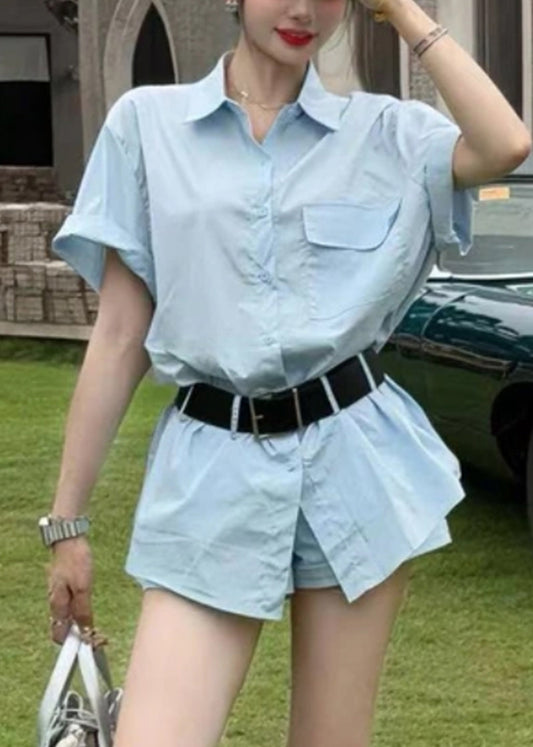 Two Piece New And Blue Summer Shorts Set Cotton Button Shirts