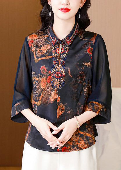 New Blue Embroidered Button Silk Shirt Bracelet Sleeve OP1068