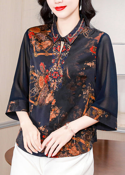 New Blue Embroidered Button Silk Shirt Bracelet Sleeve OP1068