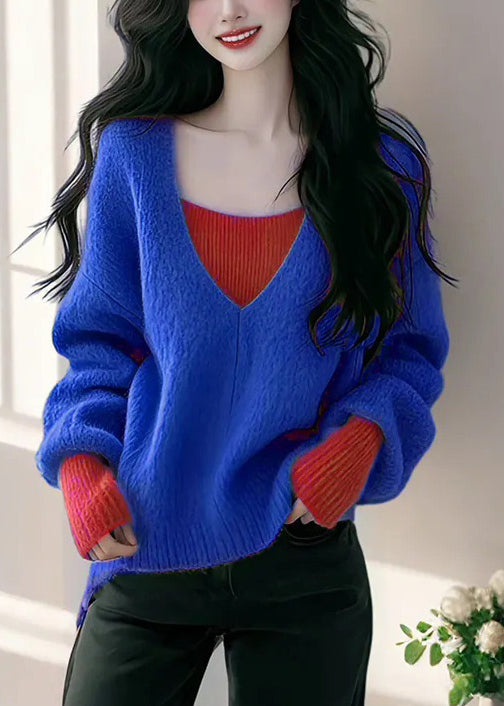 Sweaters False Knit New Two Blue Pieces Patchwork Fall