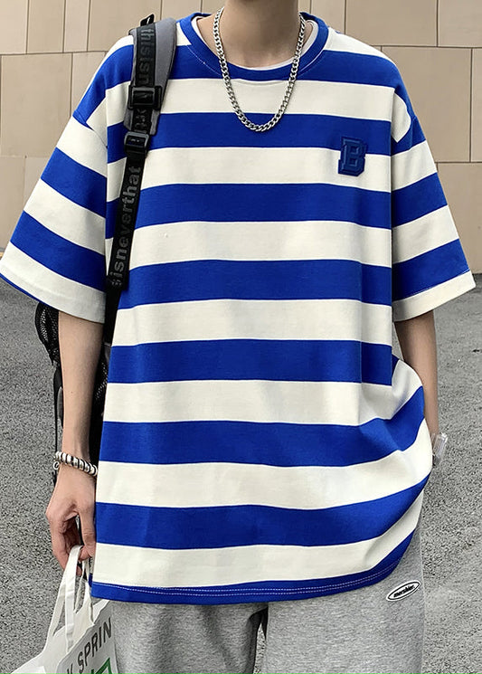 New Blue O Neck Striped Cotton Men's Grunt Style T Shirts Summer QH014