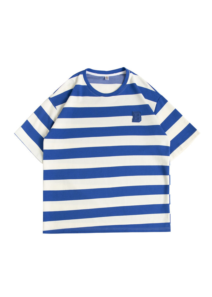 New Blue O Neck Striped Cotton Men's Grunt Style T Shirts Summer QH014