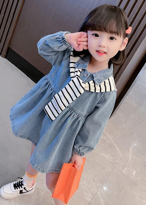 New Blue Peter Pan Collar Button Denim Girls Dresses Fall XZ009