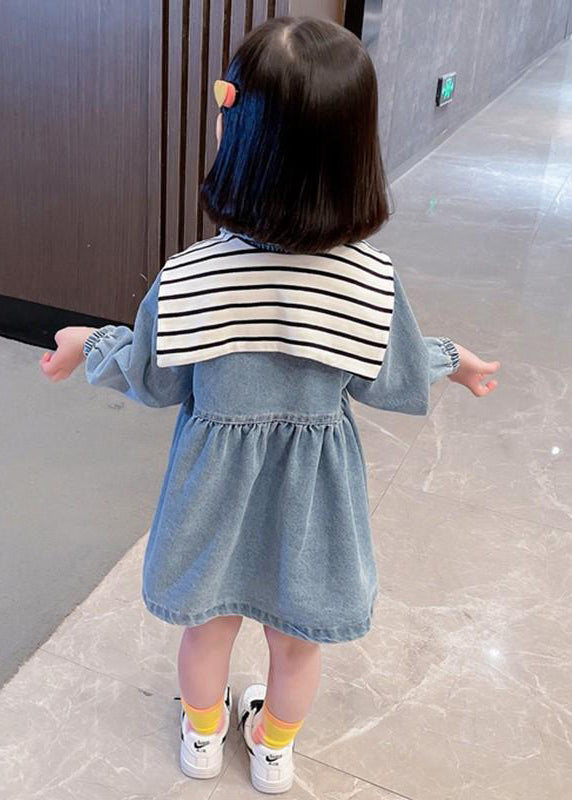 New Blue Peter Pan Collar Button Denim Girls Dresses Fall XZ009