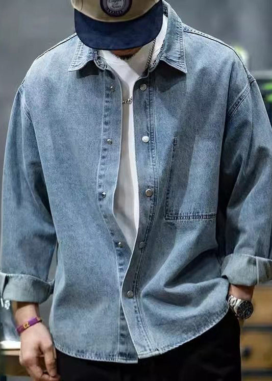 Chemise à col boutonné en denim bleu pour homme, modèle Peter Pan, nouvelle collection