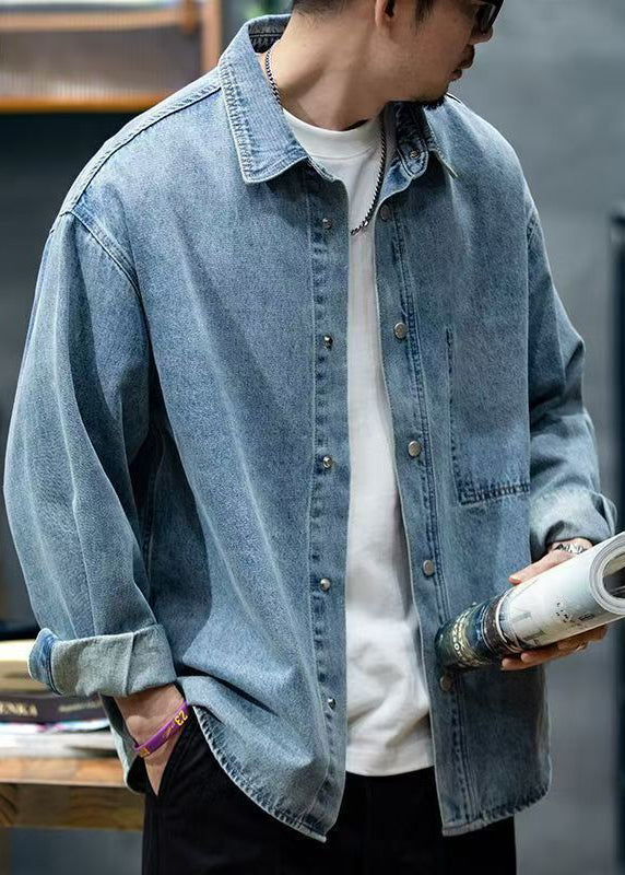 Collar Blue Denim Button Spring Shirt Men Peter Pan New