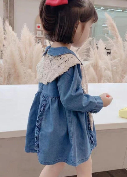 New Blue Peter Pan Collar Ruffled Denim Girls Mid Dresses Long Sleeve XZ073