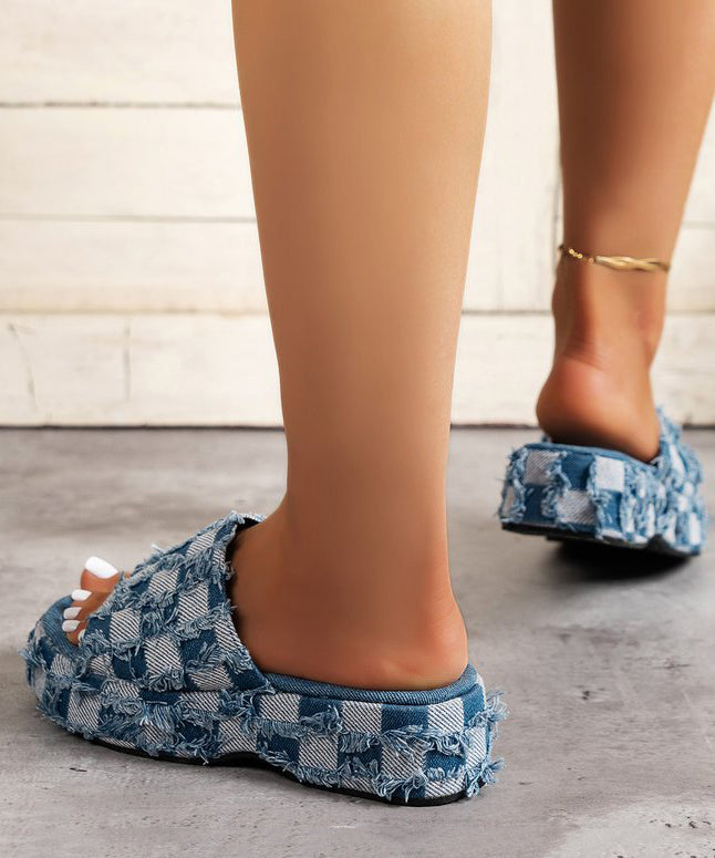 New Blue Platform Bottom Denim Tassel Checkered Slide Sandals UU001