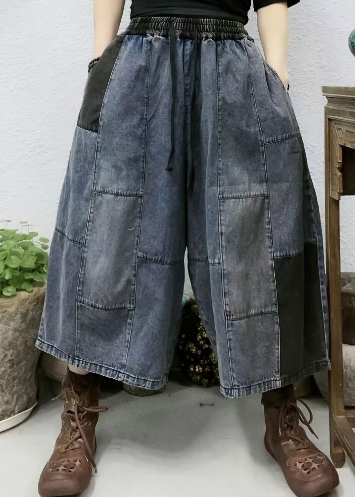 Neue blaue Taschen elastische Taille Patchwork Denim Crop Pants Sommer VV095