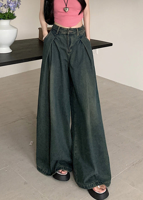 New Blue Pockets High Waist Denim Wide Leg Pants Summer PP009