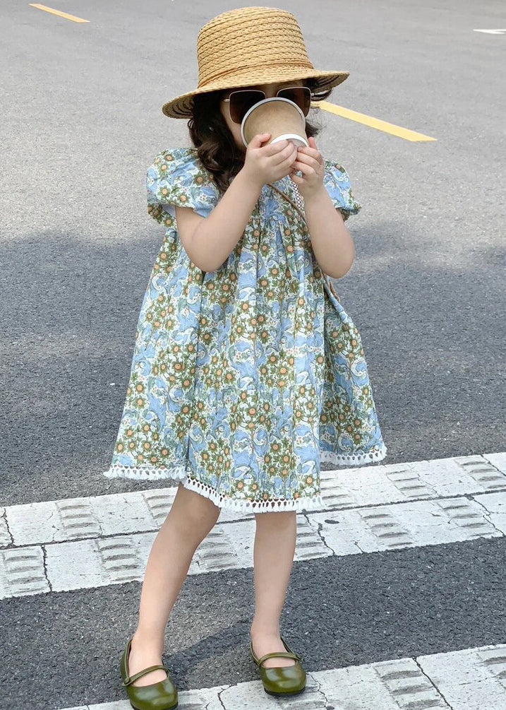 New Blue Print Hollow Out Cotton Girls Dress Summer EW066