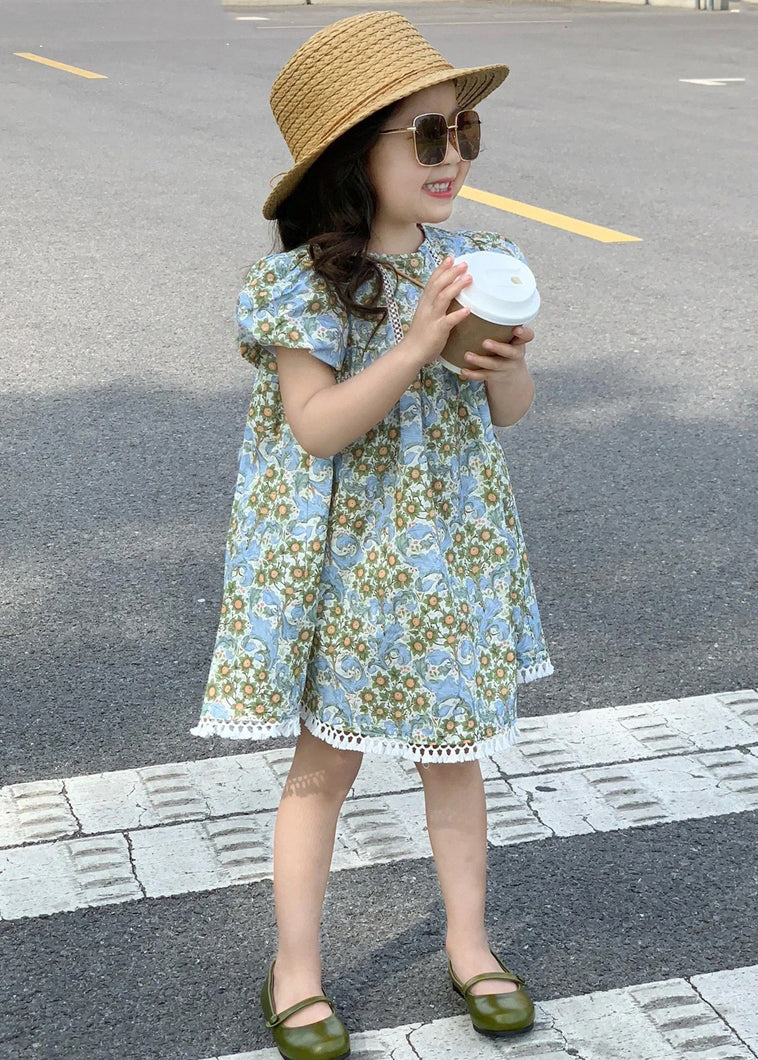 New Blue Print Hollow Out Cotton Girls Dress Summer EW066