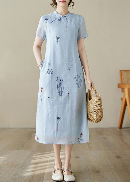 New Blue Print Pockets Linen Long Dress Summer JH066