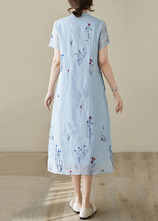 Nouvelle robe longue en lin à imprimé bleu avec poches pour l'été JH066