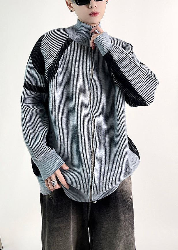 New Blue Striped Zip Up Knit Men Coat Fall QF034