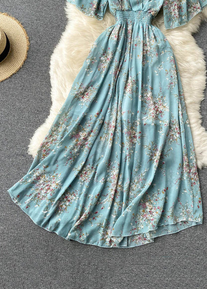 New Blue V Neck Lace Up Print Chiffon Vacation Dresses Summer TR051