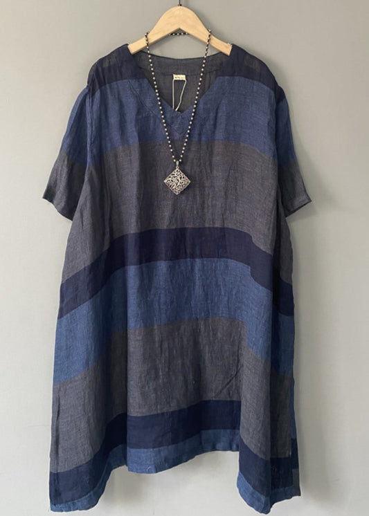 New Blue V Neck Patchwork Linen Dress Summer AU1071